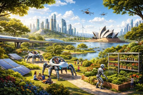 A bright green future city with Sydney Harbour, parks, wind turbines, drones, robots, elevated trains and solar panels.