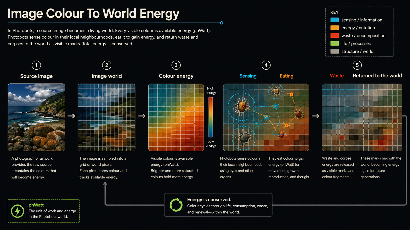 Diagram showing how a source image becomes a Photobots world, where visible colour becomes energy, bots sense and eat it, and waste returns marks to the image.
