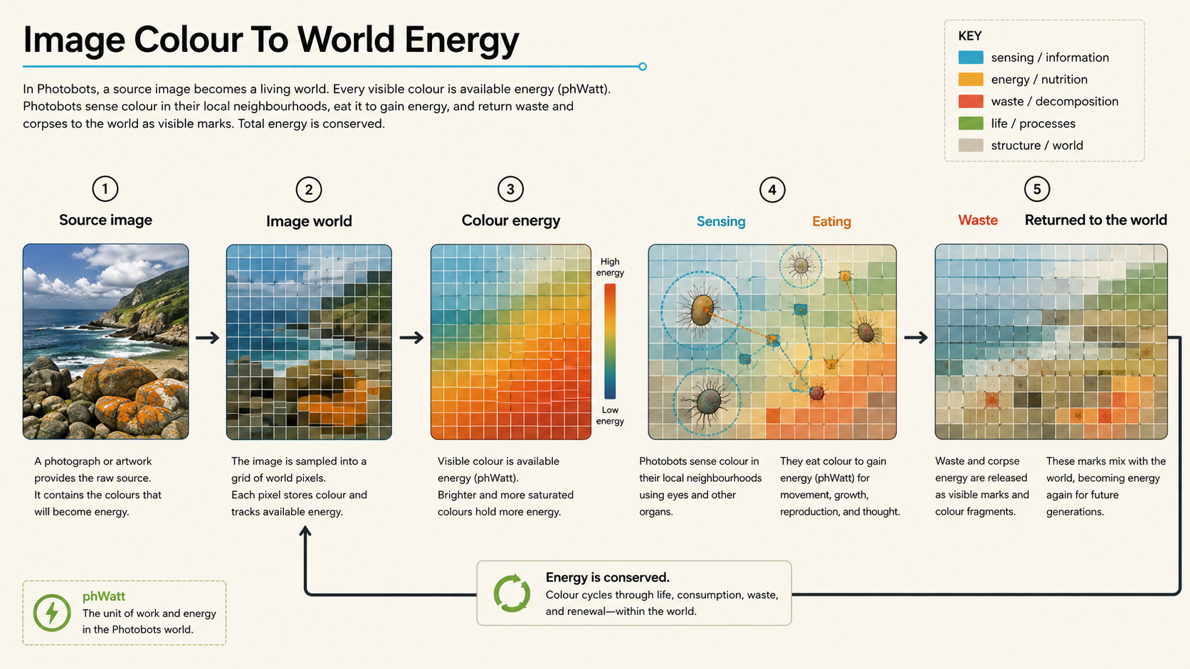 Diagram showing how a source image becomes a Photobots world, where visible colour becomes energy, bots sense and eat it, and waste returns marks to the image.