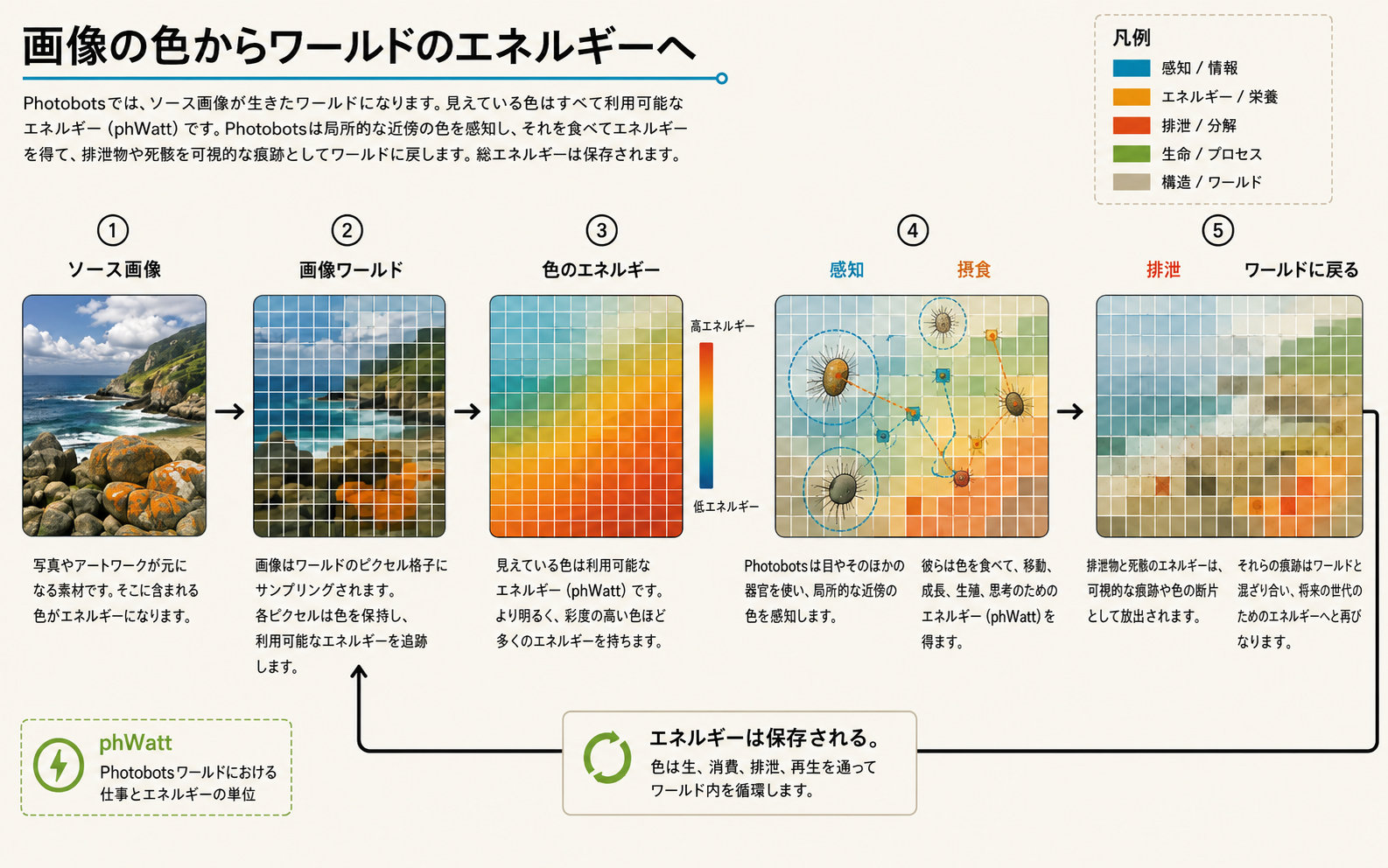 元画像が Photobots の世界になり、見える色がエネルギーに変わり、ボットがそれを感知して食べ、廃棄物が画像に痕跡を残す流れを示す図。