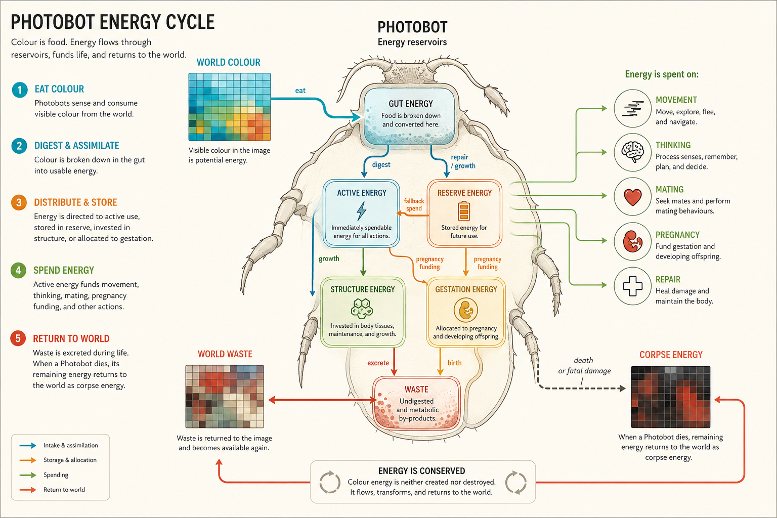 Diagram of Photobot energy reservoirs showing colour entering the gut, becoming active or reserve energy, funding movement, growth and pregnancy, and returning to the image world as waste or corpse energy.