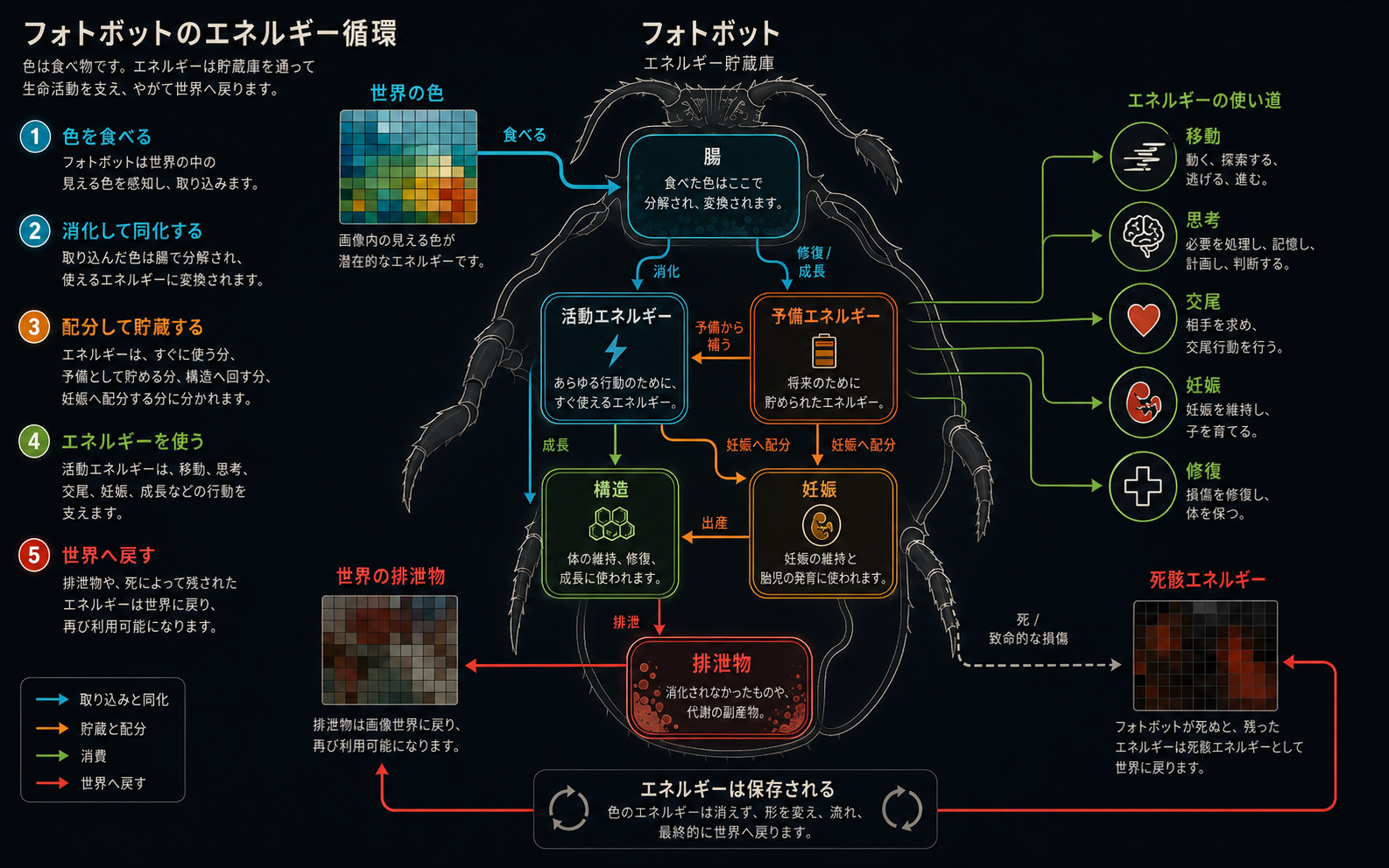 Photobot のエネルギー貯蔵を示す図。色が腸に入り、活動エネルギーや予備エネルギーになって移動、成長、妊娠を支え、廃棄物や死骸のエネルギーとして画像世界へ戻る流れを示しています。