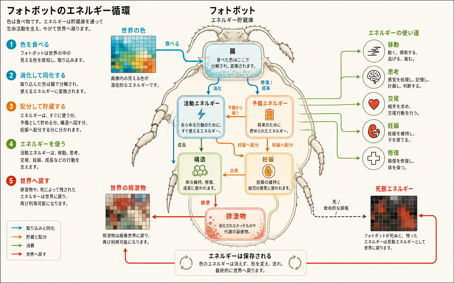Photobot のエネルギー貯蔵を示す図。色が腸に入り、活動エネルギーや予備エネルギーになって移動、成長、妊娠を支え、廃棄物や死骸のエネルギーとして画像世界へ戻る流れを示しています。