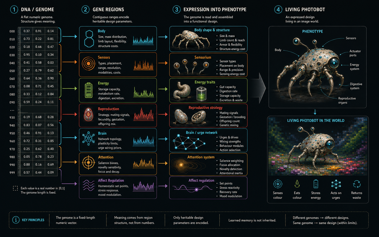 Illustration showing Photobot DNA as a structured genome whose regions express body shape, sensors, energy traits, reproduction, brain wiring, attention, and the visible phenotype.