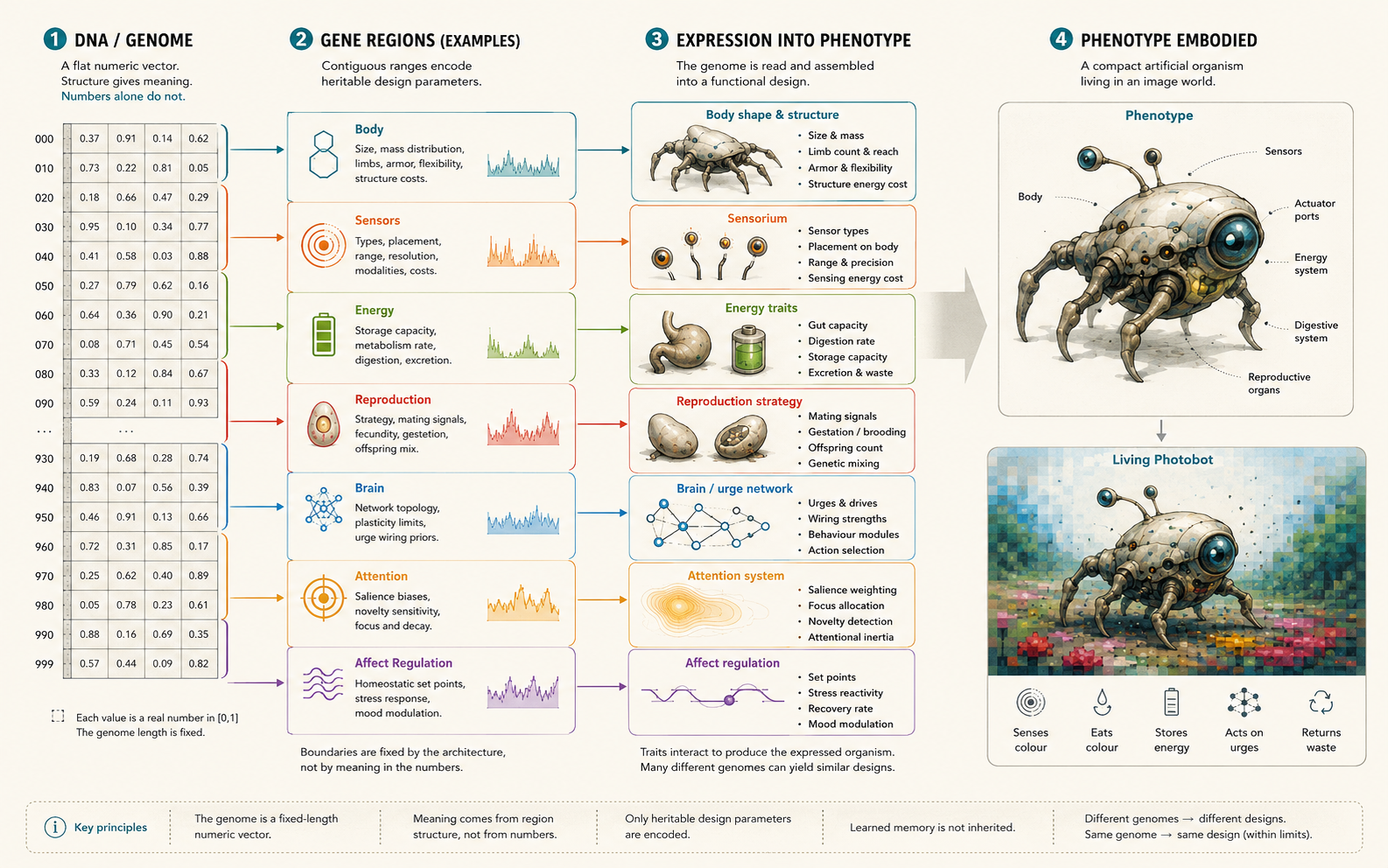 Illustration showing Photobot DNA as a structured genome whose regions express body shape, sensors, energy traits, reproduction, brain wiring, attention, and the visible phenotype.