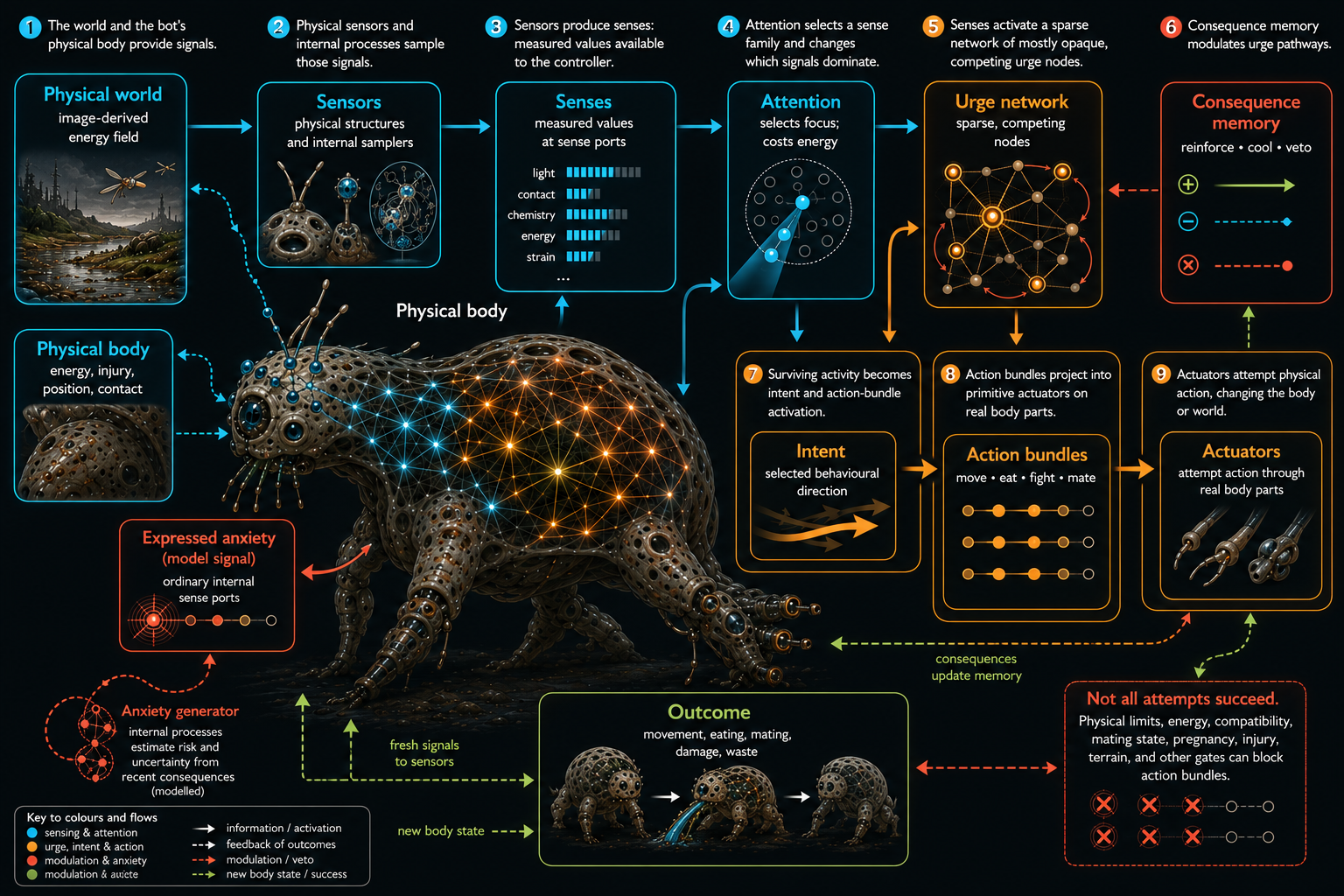 Infographic tracing signals through a Photobot from its physical world and body to sensors, senses, attention, a sparse urge network, intent, action bundles, and body-part actuators, with outcomes feeding consequence memory and expressed anxiety.