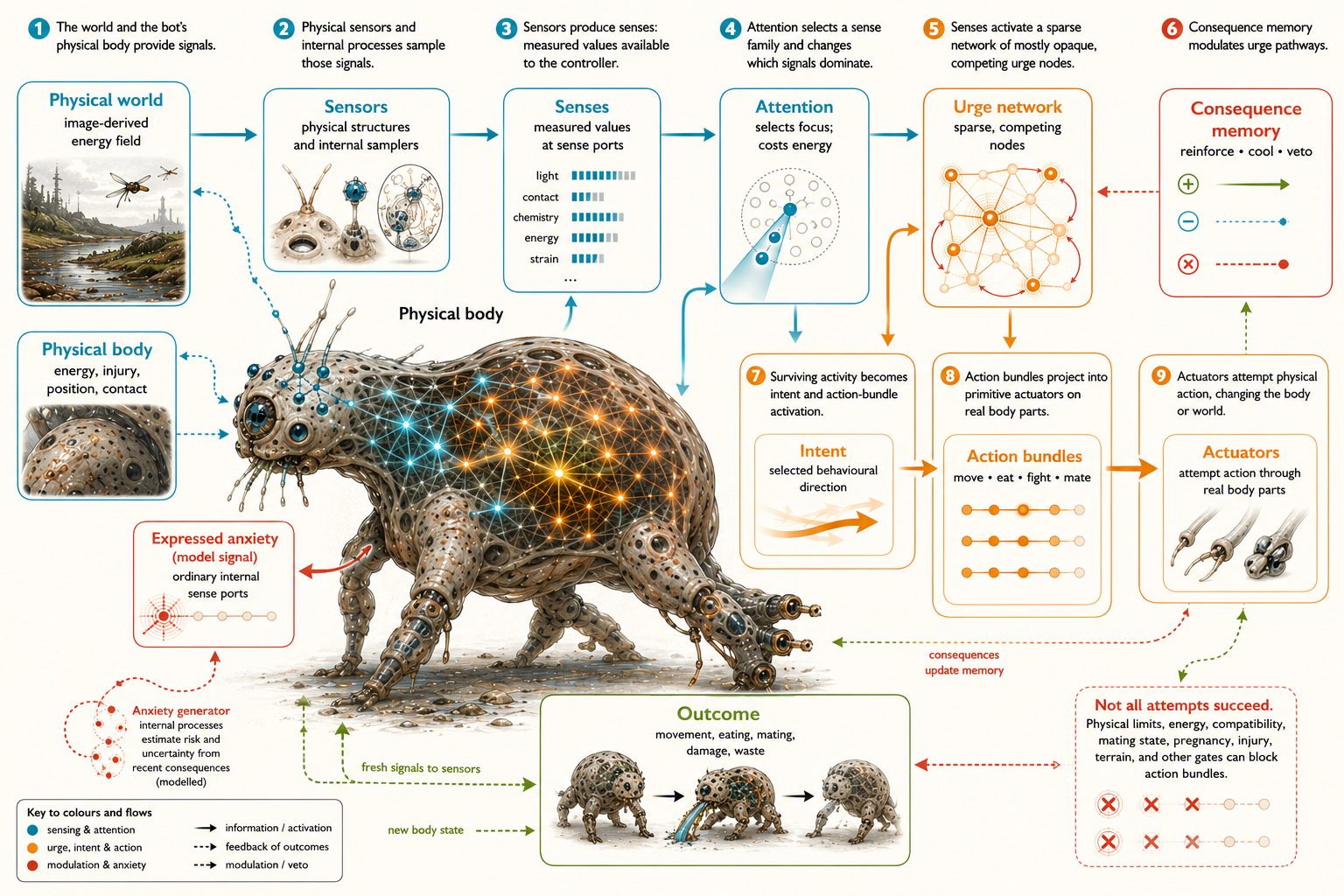Infographic tracing signals through a Photobot from its physical world and body to sensors, senses, attention, a sparse urge network, intent, action bundles, and body-part actuators, with outcomes feeding consequence memory and expressed anxiety.