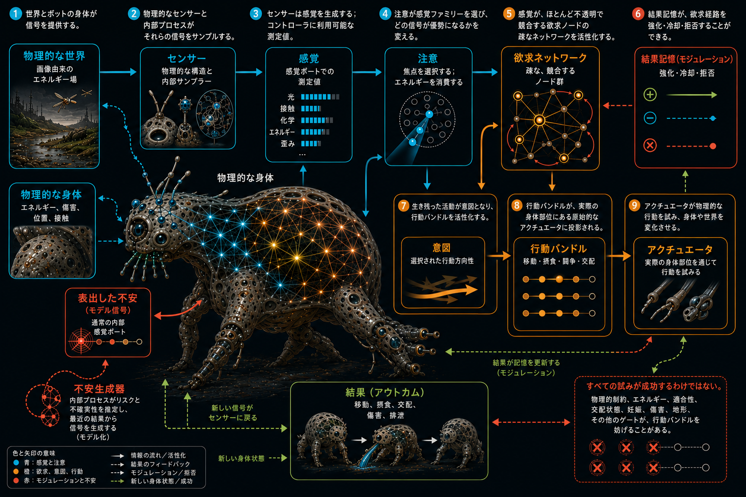物理的な世界と身体からの信号が、センサー、感覚、注意、疎な欲求ネットワーク、意図、行動バンドル、身体部位のアクチュエーターへ流れ、その結果が結果記憶と表出した不安へフィードバックされる Photobot の仕組みを示すインフォグラフィック。