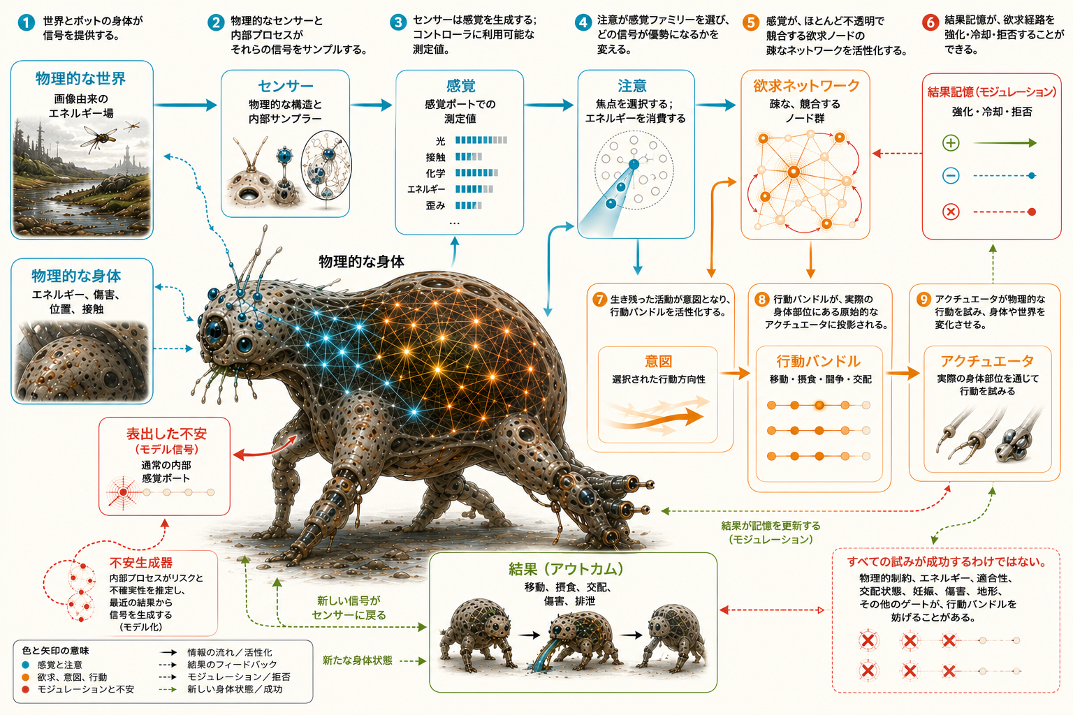 物理的な世界と身体からの信号が、センサー、感覚、注意、疎な欲求ネットワーク、意図、行動バンドル、身体部位のアクチュエーターへ流れ、その結果が結果記憶と表出した不安へフィードバックされる Photobot の仕組みを示すインフォグラフィック。